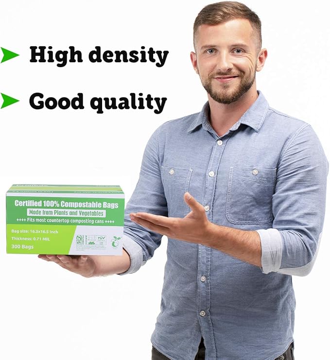 Compost Bags, Compostable Trash Bags 2.6 Gallon Compostable Bags Small 300 Count Compost Bags for Countertop bin Extra Thick 0.71 Mil. ASTM D6400 Certified By BPI and TÜV AUSTRIA 2.6 Gallon, 300 Units