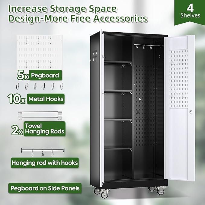 Broom Closet Storage Cabinet with Wheels and Pegboard,Metal Garage Storage Cabinet with Doors and Adjustable Shelves for Garage Home,Required Assembly,Black and White