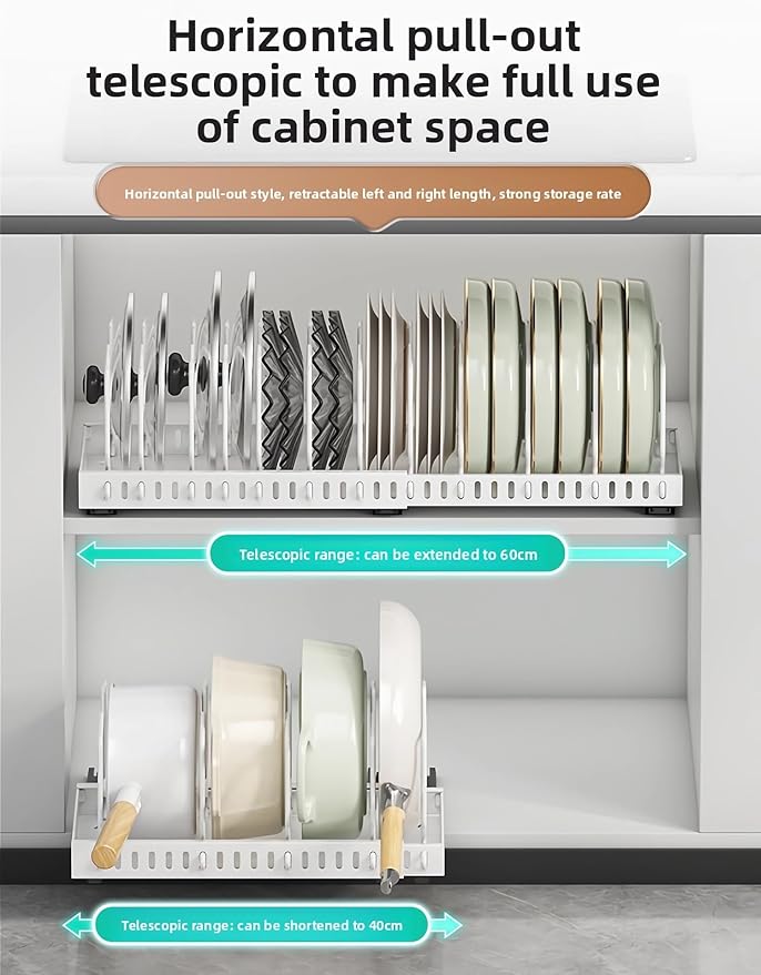 Mnftive pots and pans organizer under cabinet,pot lid organizers inside cabinet holders for kitchen,Horizontal and vertical pulling modes,Can be extended and adjusted (Black horizontal pull-out)