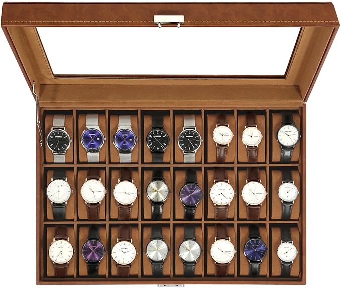 Uten 24-Slot Watch Box, PU Leather Watch Case with Glass Lid, Watch Holder Organizer with Soft Pillow and Velvet Lining, Watch and Jewelry Storage Box, Brown