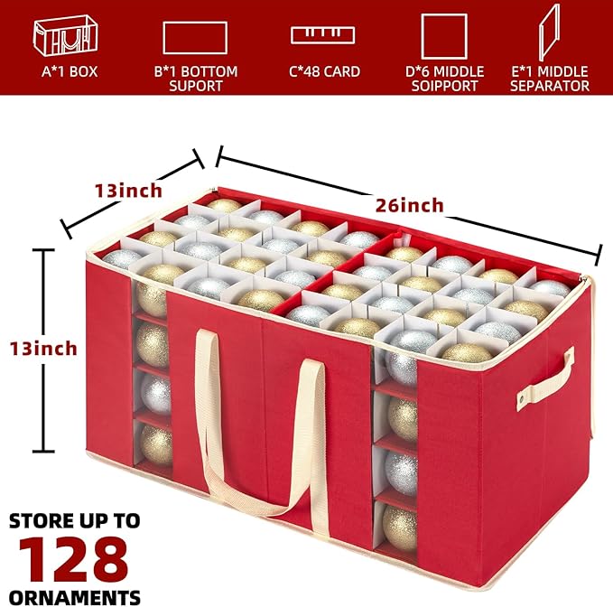 inin Christmas Ornament Storage Box with Adjustable Dividers,Christmas Ornaments Organizer with Zipper,Storage Container Bin with Side Pockets for Holiday Decorations(128 Ball, Red, without Tray)