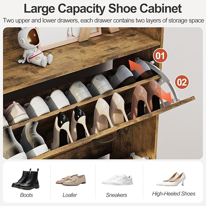 Shoe Cabinet with 2 Flip Drawers & Adjustable Shelf,Wood Shoe Organizer,Freestanding Hidden Shoe Storage Cabinet for Entryway,Hallway (Brown)