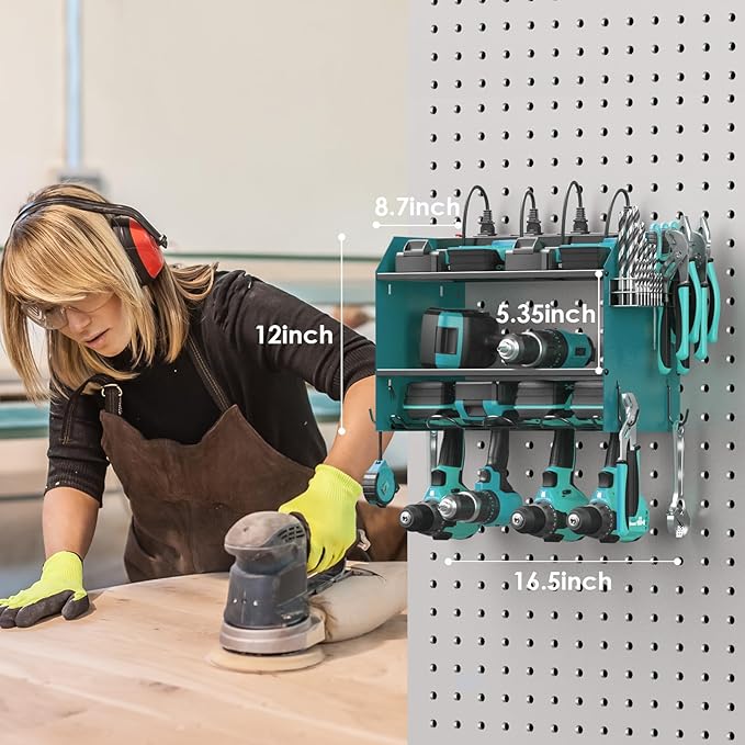 CCCEI Modular Power Tool Organizer Wall Mount with Charging Station. Garage Drill Storage Shelf with Hooks, Heavy Duty Rack, Tool Battery Holder Built in 8 Outlet. Gift for Men. Navy Blue, 1 Pack.