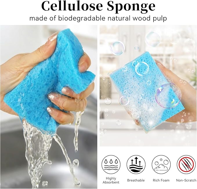 Mkobon 6 Pcs Kitchen Sponges for Dishes Cleaning, Non Scratch for Non Stick Cookware, Compressed Natural Cellulose Sponges, Dish Washing Scrubbers, Scrubbing Pads for Household, Bathroom (Blue)