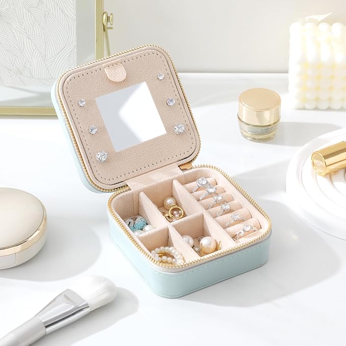 Genuine Leather Travel Jewelry Organizer Case with Mirror for Women, Small Mini Portable Jewelry Box for Earring, Ring, Necklace, Bracelet（Pink）