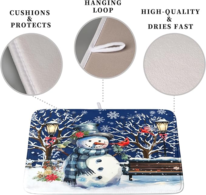 Kwlegh Winter Snowman Dish Drying Mat for Kitchen Counter 18x24, Xmas Snowflakes Dish Drainer Mat Snowy Night Drying Kitchen Mats Cardinal Birld Dish Pad Absorbent Reversible Coffee Mats for Dishes