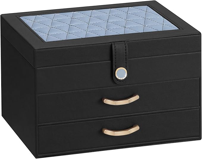Black Jewelry Box Organizer: Home Decor for Women - 2-Drawer Holder for Valentine’s Day Birthday Gift Black Grey-Blue