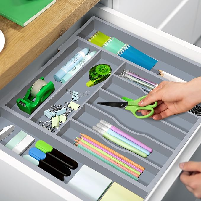 ROYAL CRAFT WOOD Luxury Bamboo Kitchen Drawer Organizer - Silverware Organizer - Utensil Holder and Cutlery Tray with Grooved Drawer Dividers for Flatware and Kitchen Utensils (9 Slot, Gray)