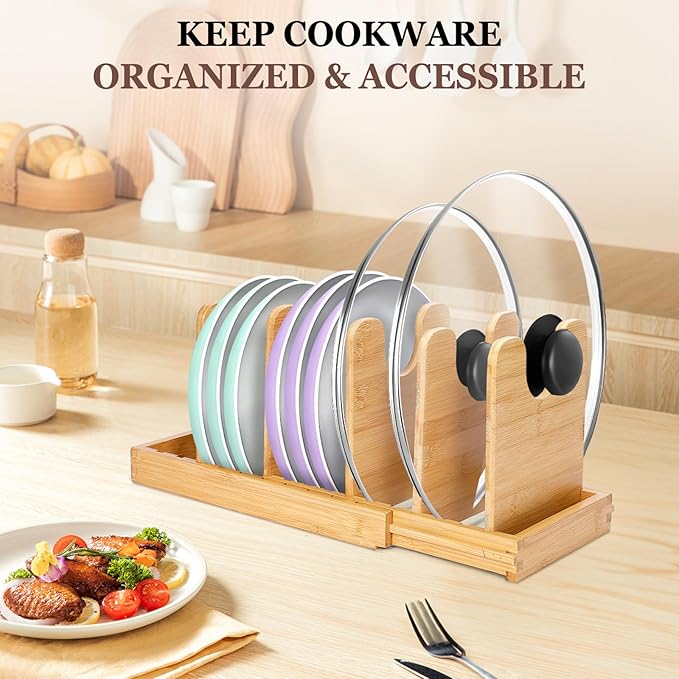 Bambition Bamboo Pot Lid Organizer, Pots and Pans Organizer Inside Cabinet, Pot Lids holder for Kitchen Countertop