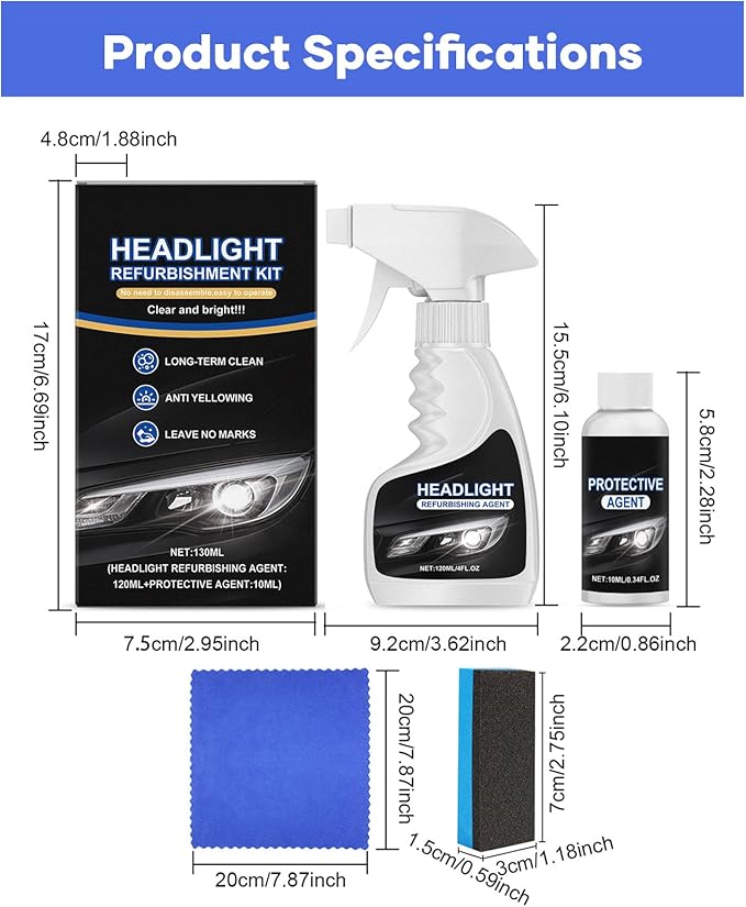 Dodorado Headlight Restoration Kit – No Sanding Required, Fast Cleaning & Ceramic Coating, Restores Yellowed Hazy Headlights for Plastic/Glass – Improves Night Visibility, Complete DIY Kit (1 Set)