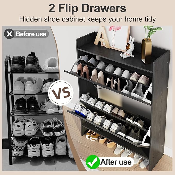 Shoe Cabinet with 2 Flip Drawers & Adjustable Shelf,Wood Shoe Organizer,Freestanding Hidden Shoe Storage Cabinet for Entryway,Hallway (Black)
