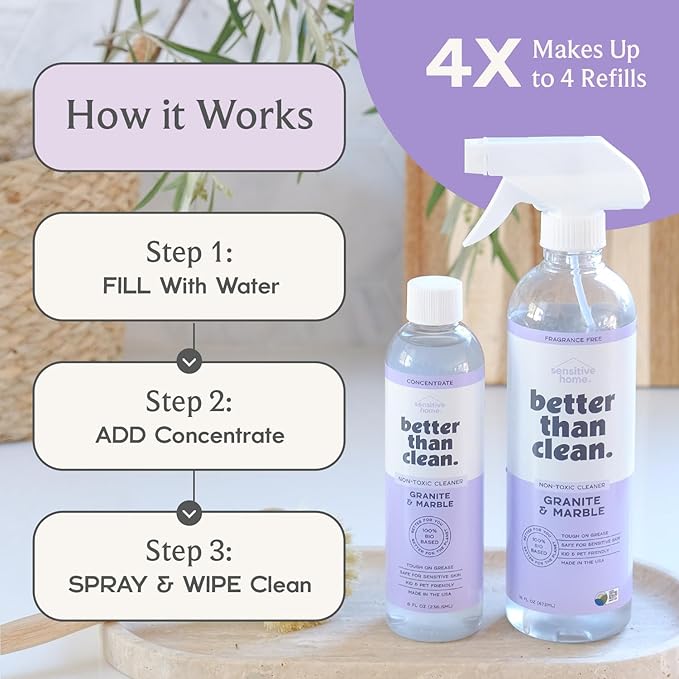 Better Than Clean Marble & Granite Cleaner Starter Pack - Plant-Based Natural Stone Cleaner for Countertops, Showers, Floors & More - Suitable for Sensitive Skin, Fragrance Free, Kids & Pet-Friendly