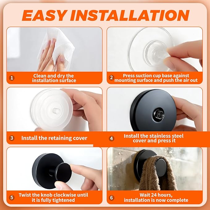2026 Heavy Duty Black Suction Cup Hooks for Shower - 6 Pack, No Drill & No Damage Waterproof Hooks for Glass Door/Tile, Strong Hold for Towels, Robes