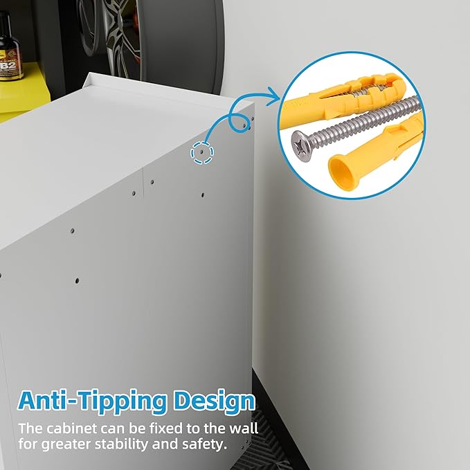 13.8" D x 26" W x 34.3" H Metal Storage Cabinet with Pegboard and Hooks,Garage Storage Cabinet with Wheels and 2 Lockable Doors for Garage,Home,Office,Assembly Required,White