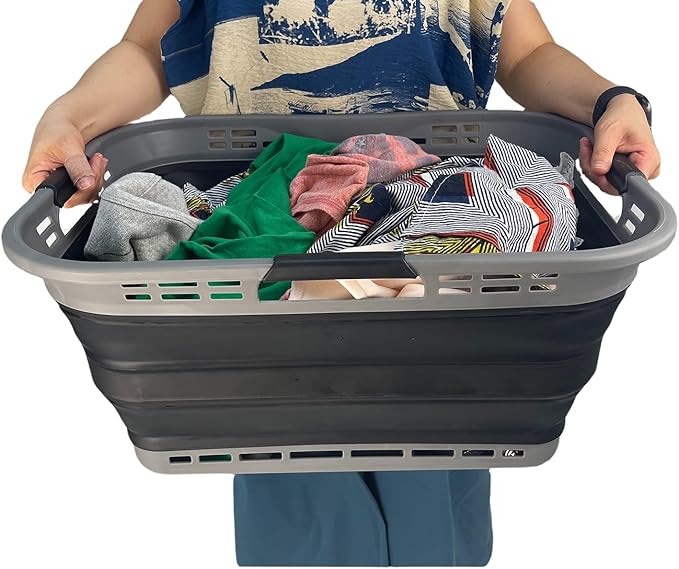 SAMMART 42L (11 Gallon) Collapsible Plastic Storage Basket - Foldable Pop Up Storage Container/Hamper - Portable Laundry Organizer - Space Saving (Grey/Black, 42L (Style A))