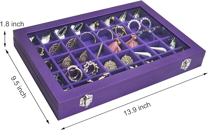 Jewelry Tray Organizer Box 40 Grid Jewelry Display Organizer Box with Transparent Lid Rings Earrings Necklaces Pendants Display Box Suitable for Women and Girls (40 Grid, Purple)