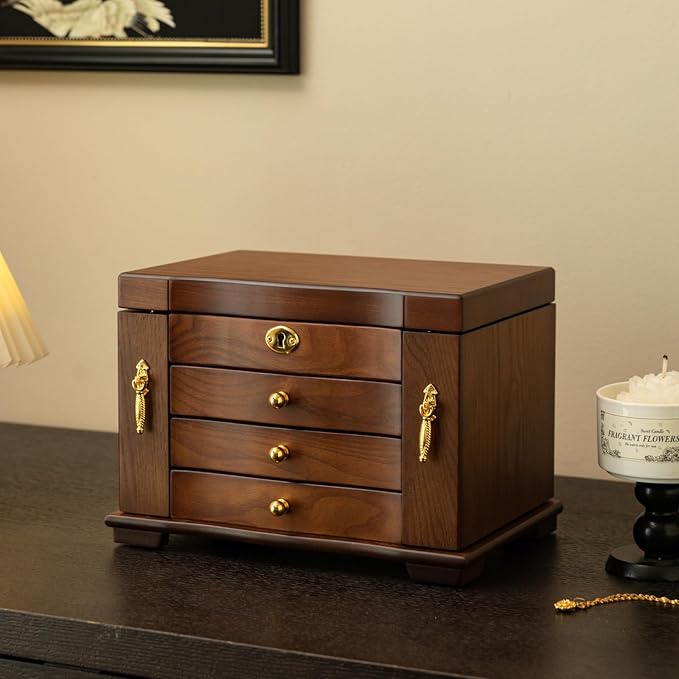 Kinsuite Black Walnut Jewelry Box - 4-tie Mirror & Multiple Drawers Handcrafted Solid Wood Treasure Chest for Women, Floral-Inspired Storage Organizer
