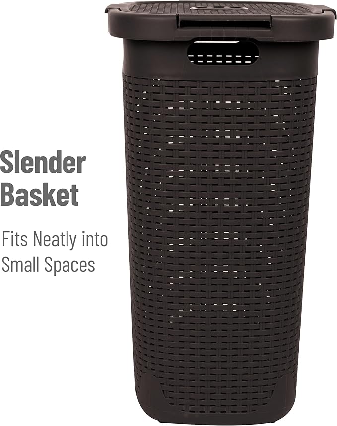 Mind Reader Slim Laundry Hamper with Lid, 60L Clothes Basket, Premium Wicker Design, Plastic, Brown