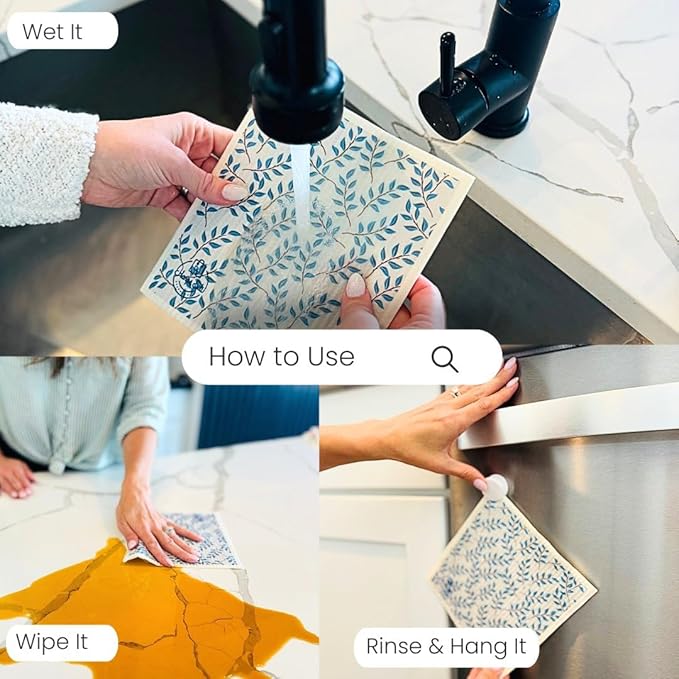 Harps&Seb Swedish Dishcloths for Kitchen Dishcloths - 6 Pack, Reusable Paper Towels with Clips, Super Absorbent Washable Non-Scratch Swedish Dish Towels, No Odor, Biodegradable