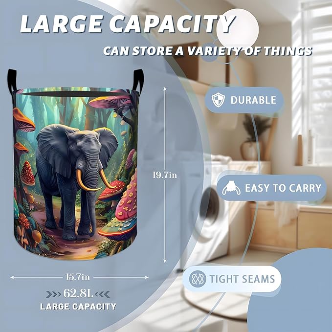 Mystical Elephant Laundry Basket with Handles, 19.7"x15.7" Clothes Foldable Enchanted Mushroom Forest Laundry Hamper Organizer for Dorm Nursery Bedroom Bathroom Decor, Toy Storage Bin for Kids