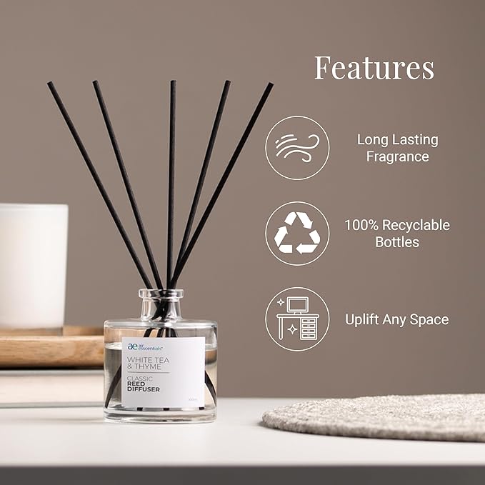 Air Esscentials Classic White Tea & Thyme Reed Diffuser Set - Decorative Fragrance Diffuser & Oil for Bathroom & Home | Long-Lasting Aroma | Natural Scent Sticks | Essential Oils & Botanicals| 100mL