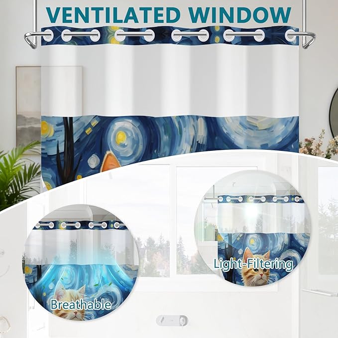 Starry Night Cat Cute Shower Curtain, No Hook Cat Shower Curtain with Weighted Snap in Liner, Waterproof Shower Curtains for Bathroom, Translucent Top Window Design, Gifts for Cat Lovers, 71x74 Inches