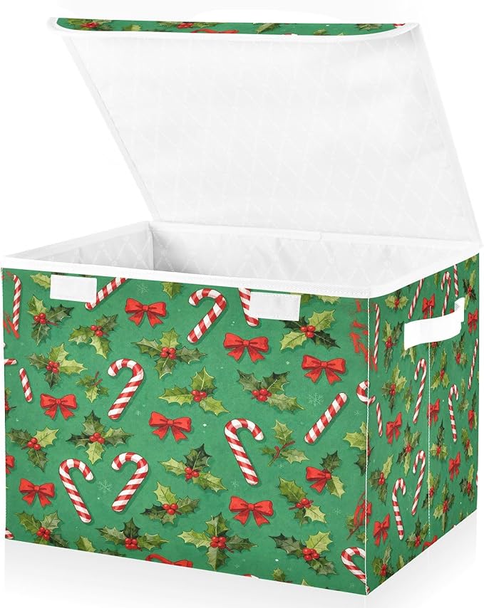 Christmas Candy Canes Holly Bows Storage Bins with Lids Foldable Storage Basket with Handles Collapsible Large Fabric Organizer Containers for Clothes Shelves Closet Office Home