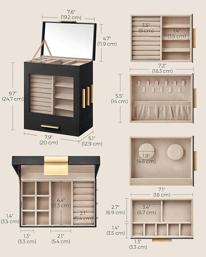 SONGMICS Jewelry Box with Glass Window, 5-Layer Jewelry Organizer with 3 Side Drawers, Jewelry Storage, with Big Mirror, Modern, 5.1 x 7.9 x 9.7 Inches, Ink Black and Metallic Gold UJBC172B01