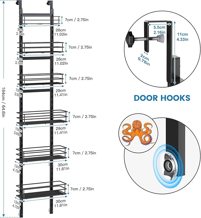 Purdaz Adjustable 6-Tier Over the Door Pantry Organizer, Spice Rack, Narrow Hanging Shelf for Kitchen Storage and Organization