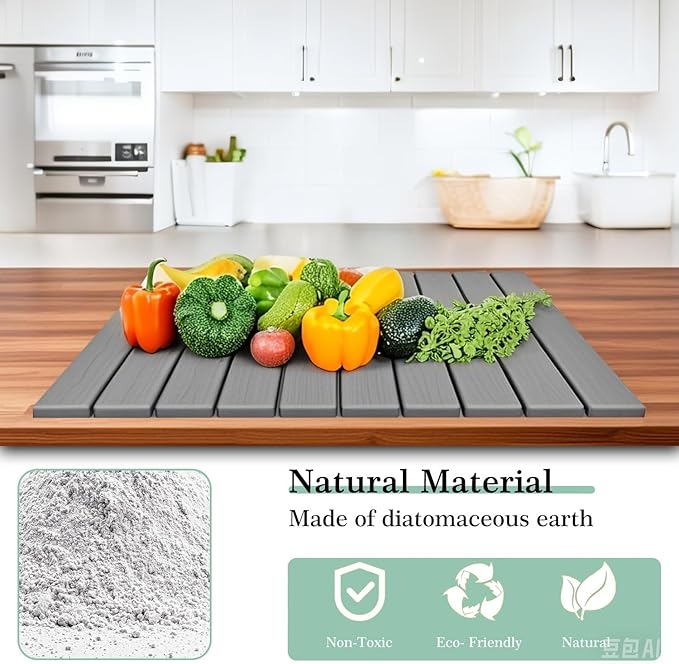 Large Stone Dish Drying Mat for Kitchen Counter,Absorbent Diatomaceous Earth Bath Mat Instant Drying Pad Foldable and Super Absorbent Mat for Dishes Cups Bottles,Grey 23*15.3in