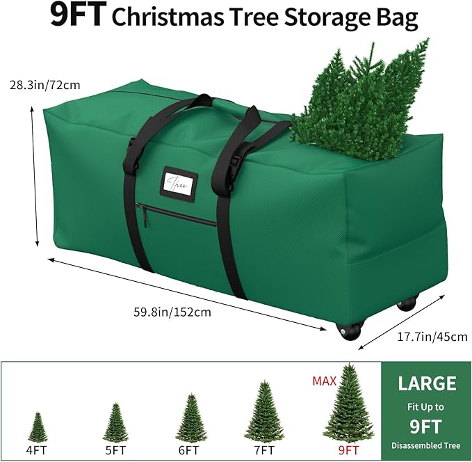 Rolling Christmas Tree Storage Bag, Fits Up to 9 ft Artificial Xmas Disassembled Trees. Extra Large Storage Container with Wheels and Handles. Against Dust and Moisture.(Green)