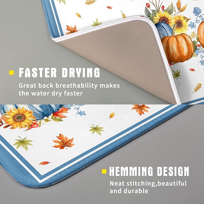 Fall Pumpkin Dish Drying Mat for Kitchen Counter 16×18 Inch Blue Dishes Pad Washable Thanksgiving Dish Rack Pad Drainer Mat Autumn Absorbent Reversible Microfiber Dish Drying Pad for Coffee Bar