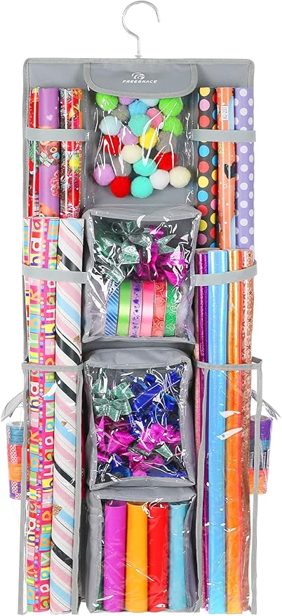 Freegrace Double Sided Hanging Gift Wrap Organizer | Large 16" x 41" Wrapping Paper Rolls Storage Bag | Tearproof & Space Saving Closet Gift Bag Organization Solution (Gray)