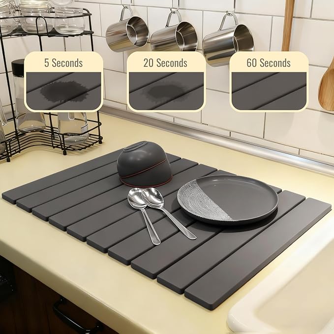 Hopegiver Stone Drying Mat for Kitchen Counter, 24"x16" Dark Gray Quick Drying Stone Mat, Super Absorbent Diatomaceous Earth Dish Drying Mat for Counter, Collapsible Design with Sanding Tools