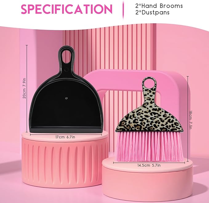 THINKLEARN 2PCS Mini Dustpan and Brush Set, Small Broom and Dustpan Set with Pink Leopard Print Design, Hand Broom Whisk Broom and Dust Pan for Cleaning Desk, Home, Cars, Pets, Kids