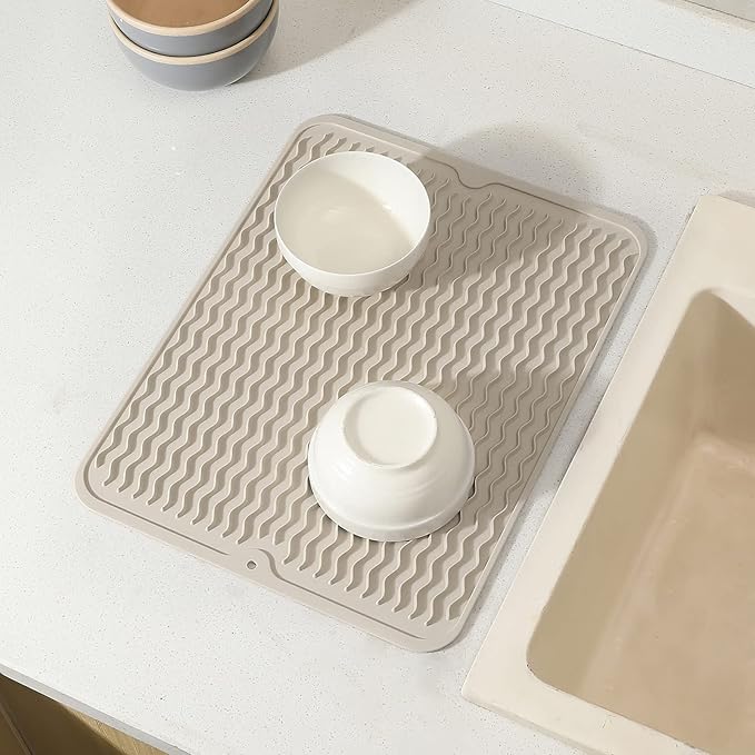 MicoYang Silicone Dish Drying Mat for Multiple Usage,Easy clean,Eco-friendly,Heat-resistant Silicone Mat for Kitchen Counter or Sink,Refrigerator or drawer liner Tapioca L 16 inches x 12 inches