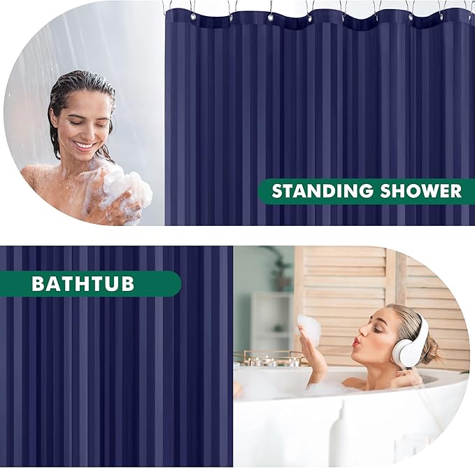 Biscaynebay Fabric Shower Curtain or Liner 72" by 72", Navy Water Repellent Damask Stripes Bathroom Curtains Machine Washable