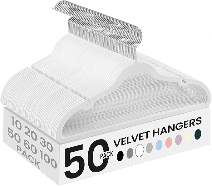 SONGMICS Velvet Hangers 50 Pack, Non-Slip Clothes Hangers with Shoulder Notches, Pants Bar, 360° Swivel Hook, Space-Saving, for Closet, Cloud White UCRF029W05
