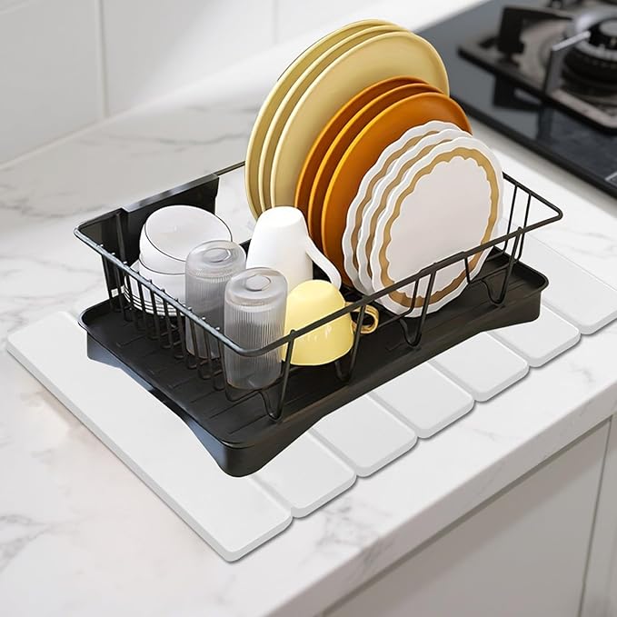 Hopegiver Stone Drying Mat for Kitchen Counter, 16"x12" Foldable Quick Dry Stone Mat Kitchen, Diatomaceous Earth Absorbent Dish Drying Mat for Countertop Sink Bathroom, White with Sanding Block