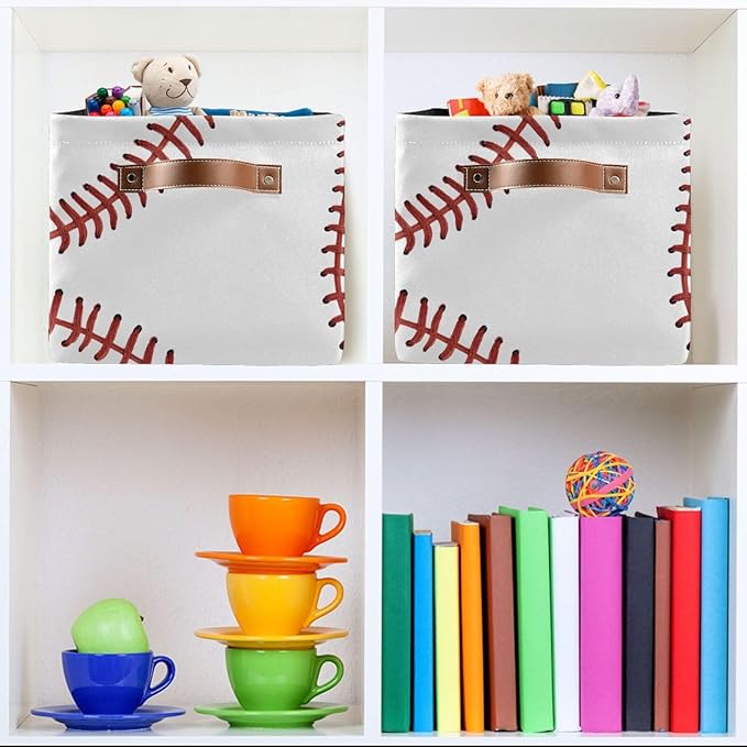 ALAZA White Baseball Softball White Foldable Storage Box Storage Basket Organizer Bins with Handles for Shelf Closet Living Room Bedroom Home Office 2 Pack
