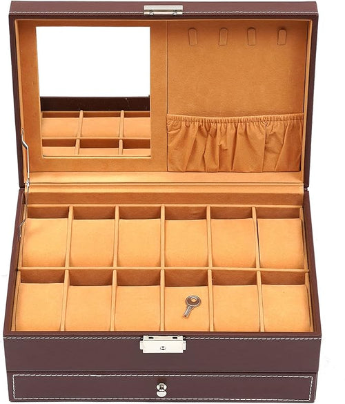 2-Layer Retro Jewelry Box Organizer with Mirror and Lock,Leather Jewelry Box for Womens Girls,Brown Jewellery Holder Organizer Box for Necklace Earrings Rings Bracelets, Christmas New Year Gift