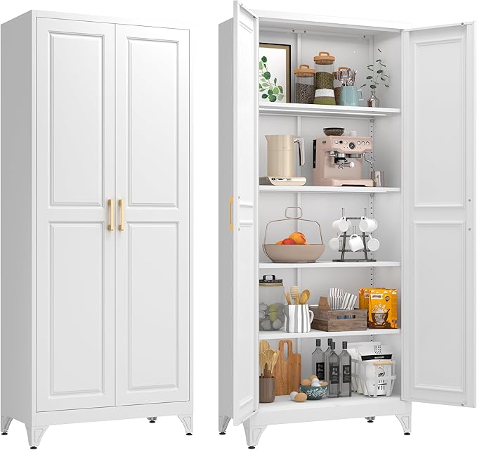 75” Metal Tall Kitchen Pantry Cabinet,Metal Storage Cabinet with Doors and Adjustable Shelves,Modern Kitchen Hutch Cabinets,Freestanding Cupboard for Dining Living Room