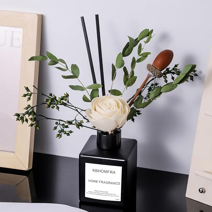 Reed Diffuser Set with Dried Flowers, Jasmine Gardenia Sandalwood Scent, Black Glass Bottle, 5.07fl oz, Aromatherapy Home Fragrance for Bedroom Bathroom (Jasmine Tea)