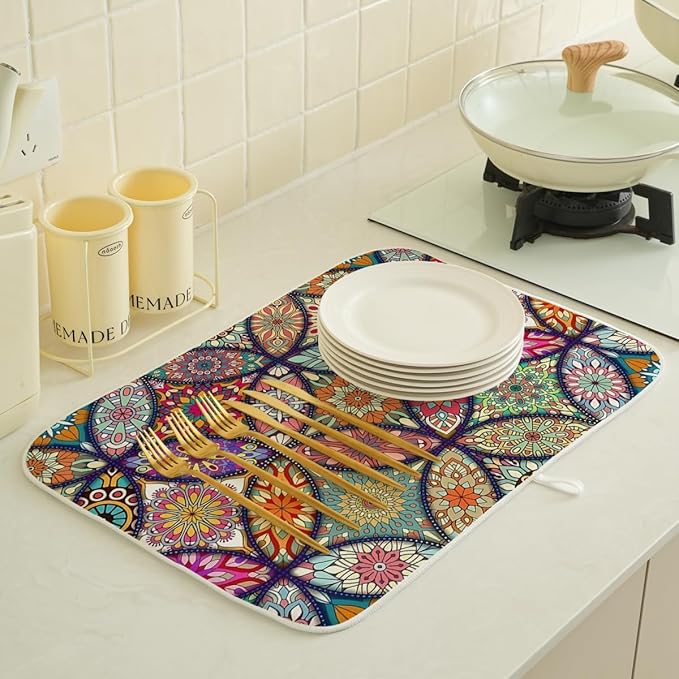 Boho Dish Drying Mat 18 x 24 Inch Vintage Bohemian Drying Mat for Kitchen Counter Absorbent Retro Dishes Dry Pad for Drainer Rack Kitchen Fast Dry