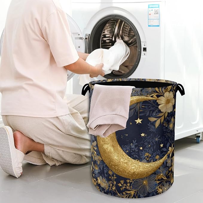 Golden Moon Laundry Basket,Flowers Foldable Oxford Cloth Tote Bag Laundry Hamper Clothes Storage Bucket Organizer for Bedroom Laundry Storage Dormitories 16" x 20.8"