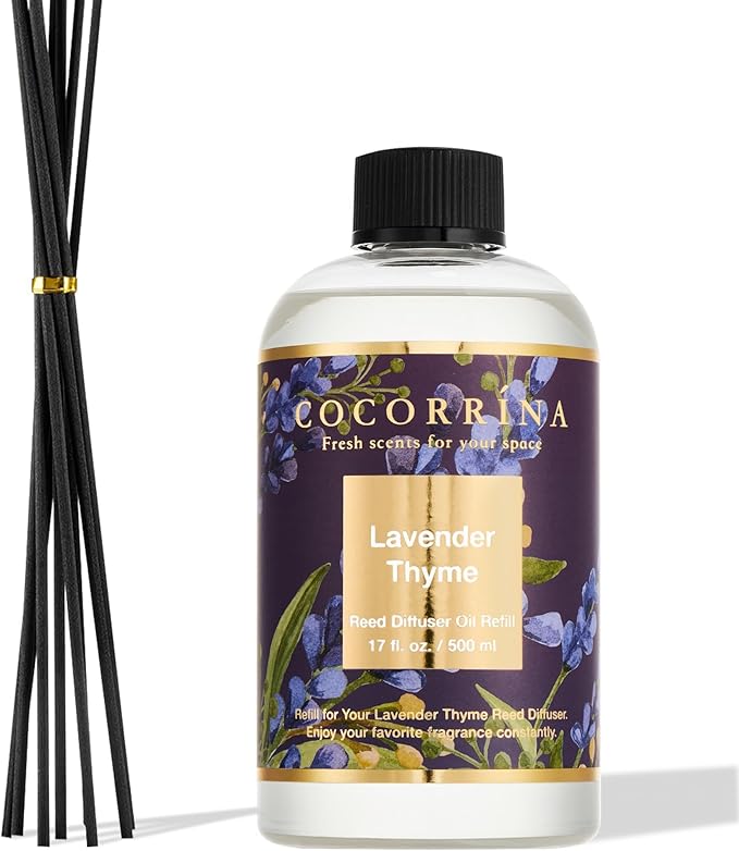 Cocorrína Reed Diffuser Refill Lavender Thyme 17oz (500ml) with 8 Rattan Sticks - Premium Long-Lasting Scented Oil, Home Fragrance for Bedroom, Bathroom Home Decor