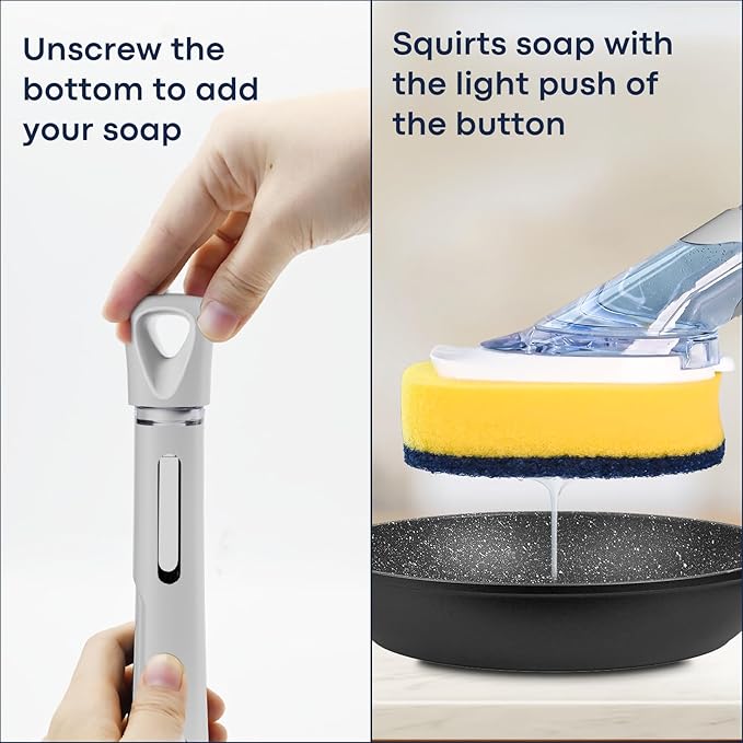 Dish Brush with Soap Dispenser Storage Set with 2 PCS Sponge Refills & Holder, Soap Dispensing Dish Brushes, Sponge with Soap Dispenser Handle, Dish Sponges with Handle for Dishes Pans Pots Sink(Gray)
