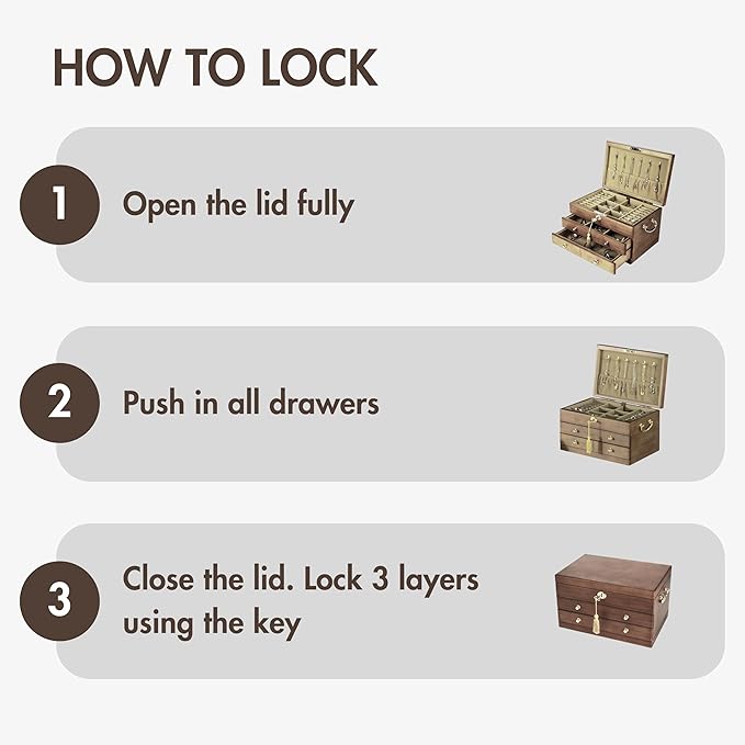 Wooden Jewelry Box with Lock and Key for Women, 2 Drawers Medium Size Real Natural Wood Lockable Antique Organizer with Large Storage, Ring Compartments, Built in Necklace Hooks