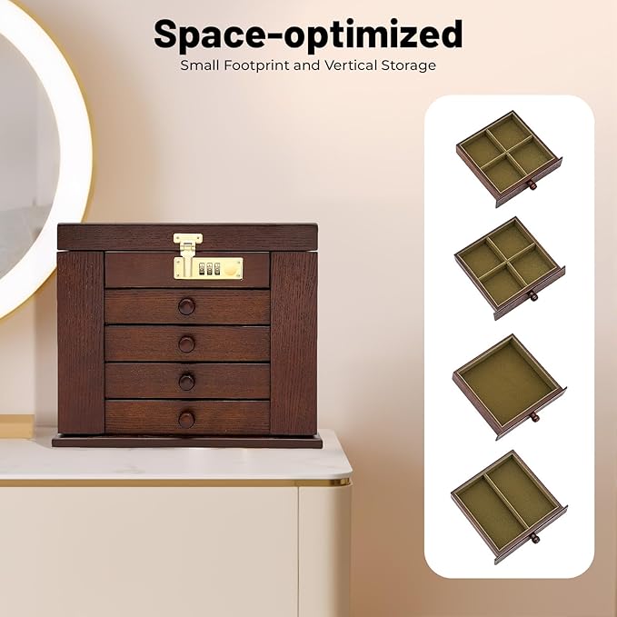 Jewelry Box with Password Lock and Mirror, 5-Layer Large Organizer Box with Mirror and 4 Drawers, Soft Velvet Lining, for Rings Earrings Necklaces Wooden Storage Box with Exquisite Carvings