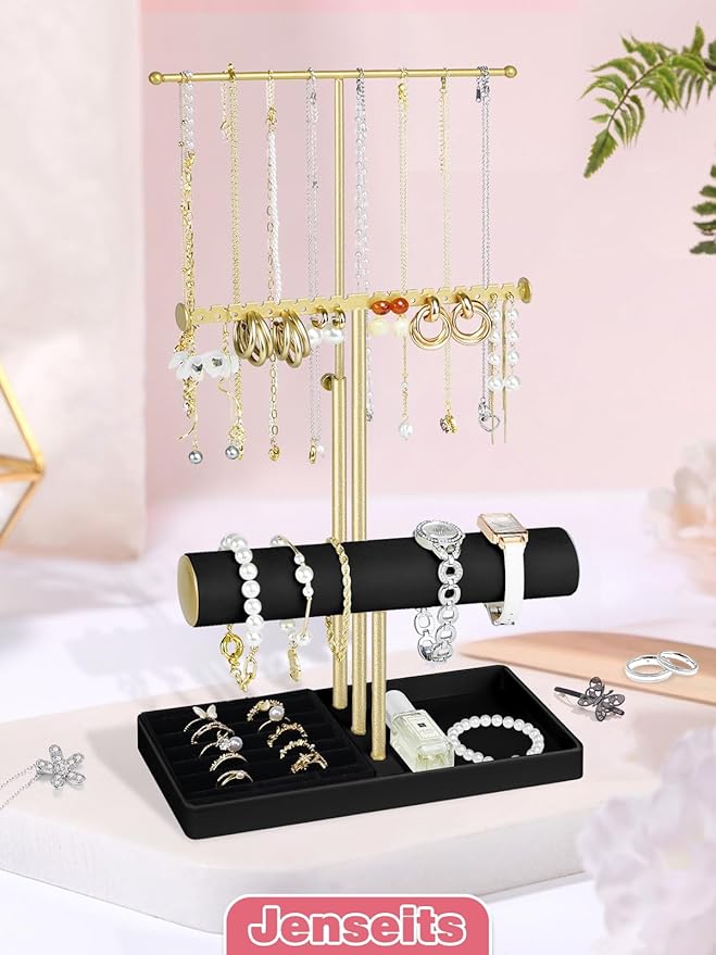 Jenseits Jewelry Organizer Holder Stand, 3 Tier Jewelry Organizers and Storage w/Bracelet Holder & Velvet Rings Tray, Cute Necklace Holder Hanger Towers Rack for Girl Women Men Room/Dorm Decor-Black